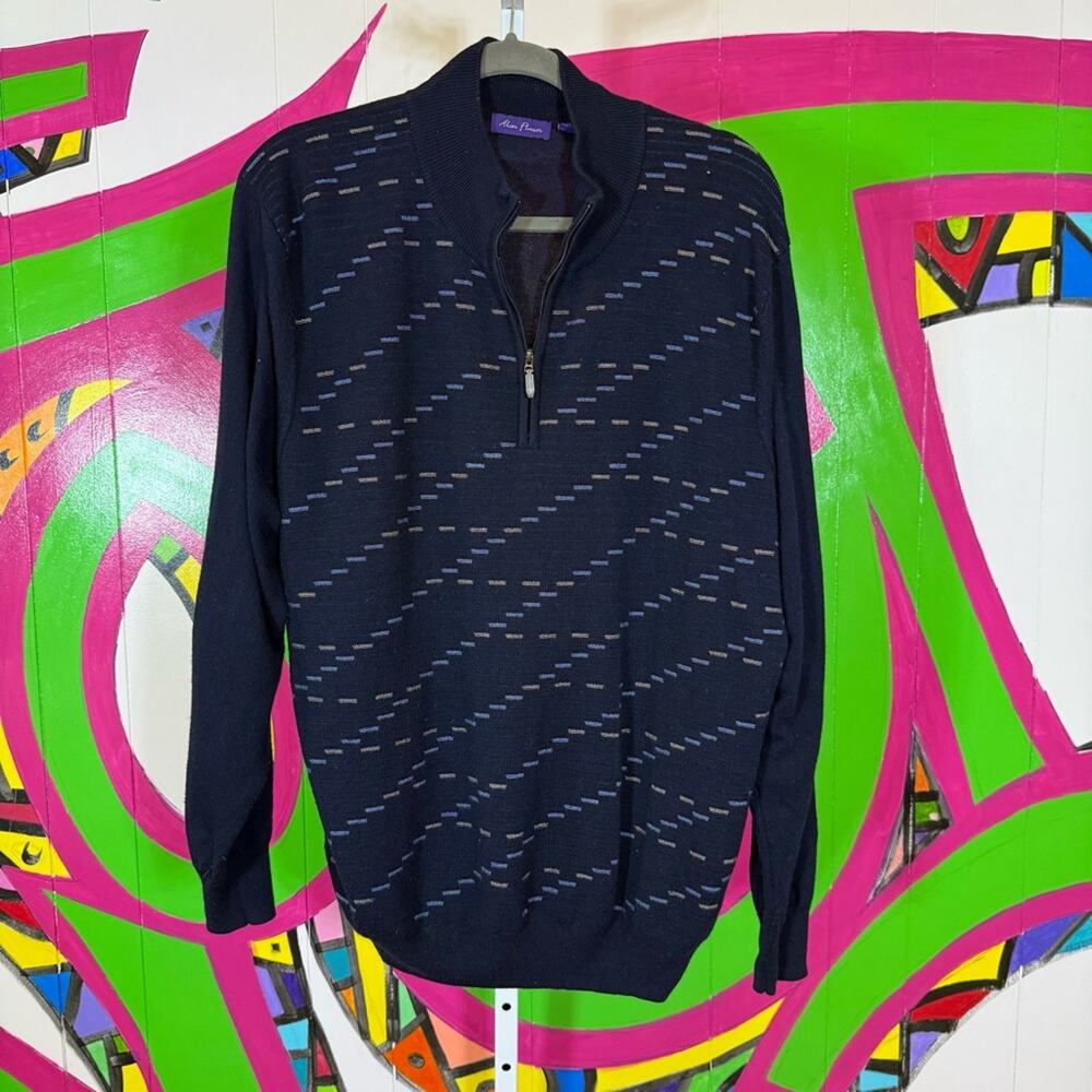 Alan Flusser Black 1/4 Zip Sweater with Subtle Pattern. Size XXL. Wool blend.